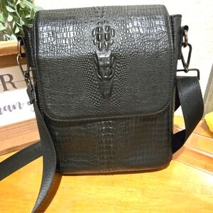 Black Crocodile-Embossed Crossbody Bag